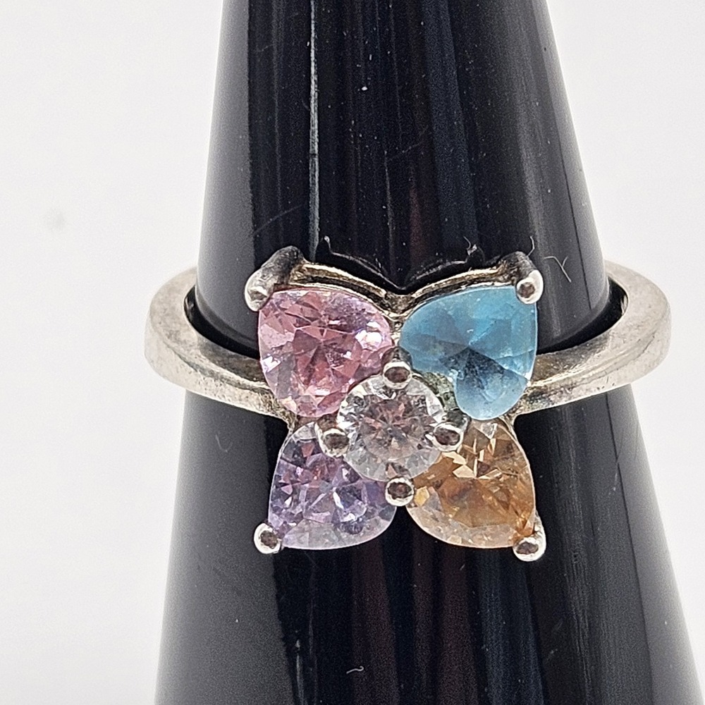 Vintage Sterling Silver Pastel Ring Flower Heart Retro Size 8